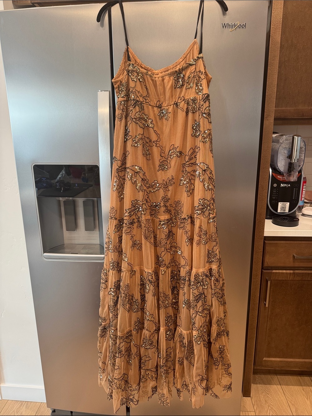 Anthropologie Peach Tiered Floral-Embroidered Maxi Dress